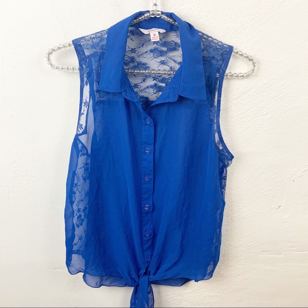 Candies l Blue Lace Tie Front Button Front Blouse